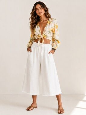 Cloth & Stone 100% Linen Wide Leg Crop Pants Bone Drawstring Relaxed Fit Sz S